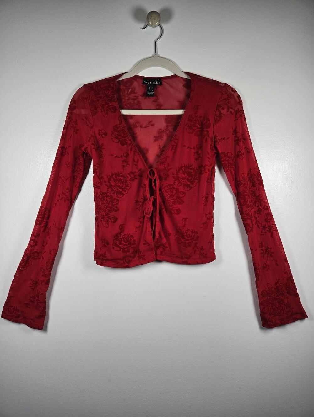 Wet Seal Y2k Red Sheer Velvet Burnout Floral Top Size Small Fairy Grunge Goth